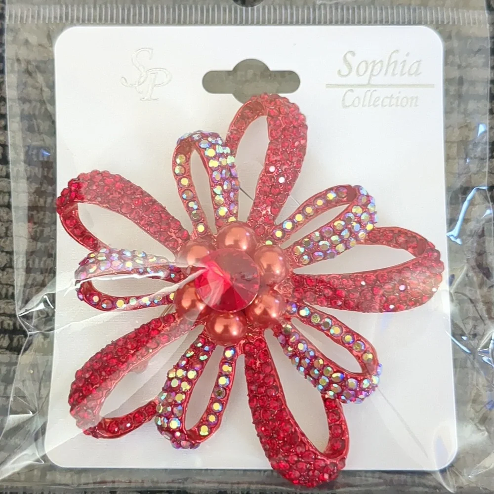 Floral Crystal Rhinestone Brooch Pin with Open Loop Petal